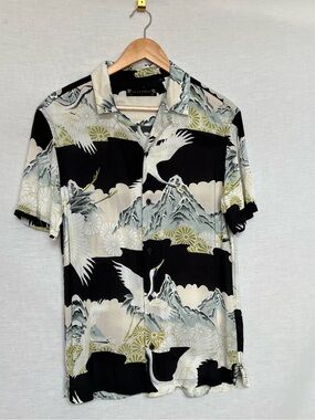 All Saints Soaring SS Black, Cream, White & Olive Crane Print Camp Shirt